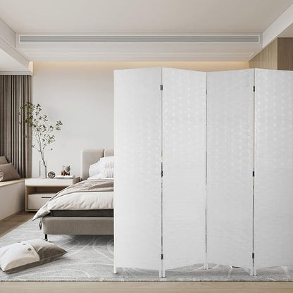 Room Divider Wood Screen Wood Mesh Woven Design Room Divider Folding Portable Partition Screen for Home Office (4 Panel, White)