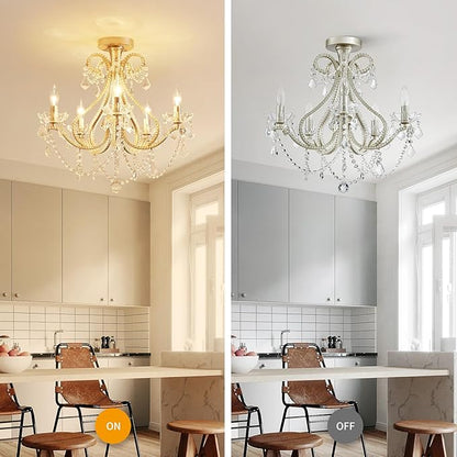 WUZUPS 5-Light Crystal Candle Chandelier Flushmount Ceiling Light Modern Lighting Fixture for Bedroom Hallway Bar Kitchen Bathroom, H 20.9" W 22", E12 Base, Brushed Nickel