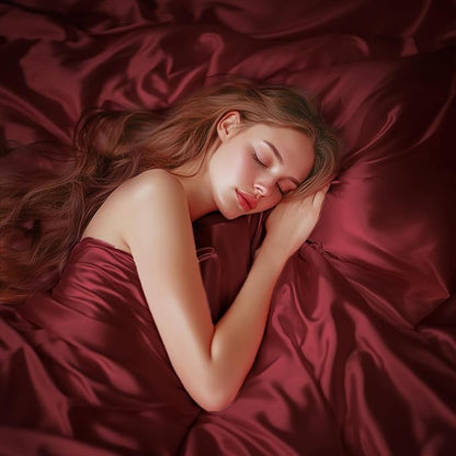Love's cabin Twin XL Satin Sheet Sets - 3 Piece Burgundy Silky Bed Sheets with Deep Pockets, Luxury Silk Feel Satin Sheet Set Twin XL (1 Flat Sheet,1 Fitted Sheet,1 Pillow case)