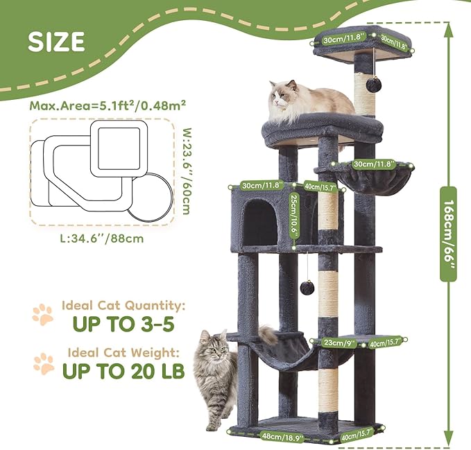 Taoqimiao MS042G Cat Tree,66-inch Large Cat Tower with Scratching Posts, Luxurious Large Platform for Big Cats with Soft Hammock, Adjustable Basket, Deluxe Cat Cando, Top Perch Smoke Gray-Mewly Pet