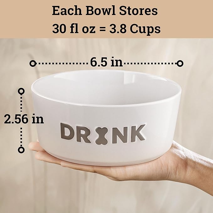 Ceramic Dog Bowl Set of 2 with Anti-Skid Base - 6.5" Wide x 2.5" Tall Ceramic Dog Bowls Medium Sized Dogs - 3.8 Cup Capacity Food and Water Bowls for Dogs - Rubber Bottom Pet Bowl Set of 2 Medium Size-Mewly Pet