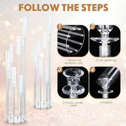 Vesici 2 Pcs 8 Arm Acrylic Candelabra Centerpieces for Tables 49.6 x 11 Inch Candlesticks Holder Clear Acrylic Candle Holder for Wedding Ceremony Floor Home Dinner Party, Fit 0.8" LED Candle