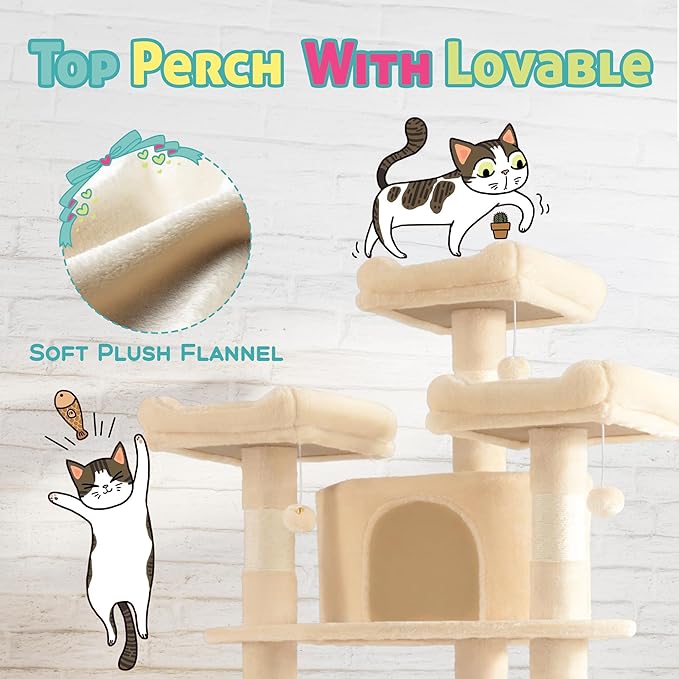 SHA CERLIN 73in Fan-Shaped Corner Cat Tower for Save Space/Multi-Level Tall Cat Tree for Indoor Kitties/Condo with Baskets/Cozy Perches/Sisal Scratching Posts/Pet Activity House/Beige-Mewly Pet