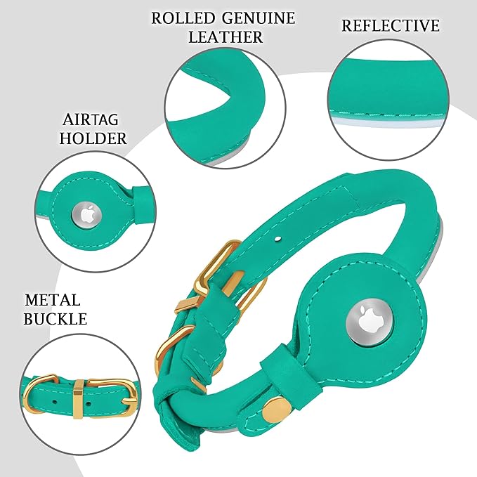 OOPSDOGGY Rolled Leather Dog Collar with Airtag Holder - Reflective Round Airtag Dog Collar - Soft Tracking Pet Collar for Small Dogs Puppy Cats Kitten (Teal, S, 10"-13")-Mewly Pet