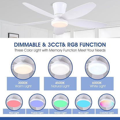 Flush Mount RGB Ceiling Fans with Lights-48 Low Profile Ceiling Fan with Light and Remote/APP Control,DC Reversible,LED Dimmable Ceiling Fans for Bedroom,Indoor/Outdoor Patio Use(White)