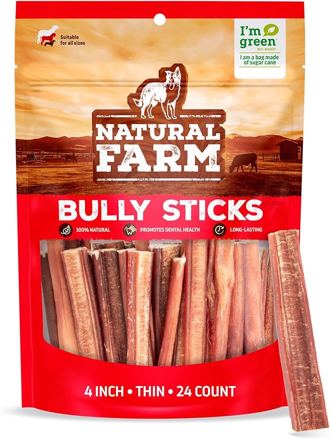 Natural Farm Odor-Free Thin Bully Sticks (4”, 24-Pack) All-Natural Long-Lasting Dog Chews, 100% Beef Pizzle, Grass-Fed, Grain-Free, Protein for Muscle Development & Energy, Perfect for Small Dogs-Mewly Pet
