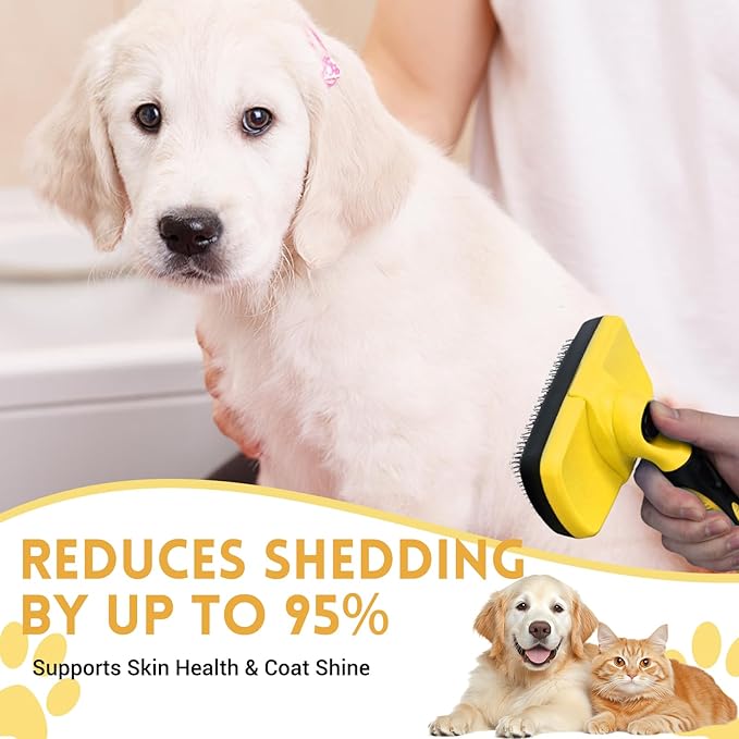 Large Self Cleaning Deshedding Brush for Dogs & Cats - One Button Hair Release Grooming Tool, Gentle Massage Brush for Long and Short Hair (Yellow)-Mewly Pet