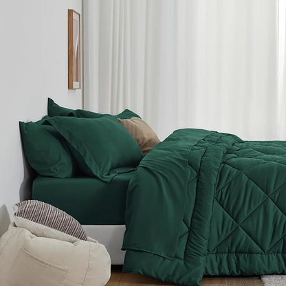 Love's cabin King Size Comforter Set Dark Green, 7 Pieces King Bed in a Bag, All Season Bedding Sets with 1 Comforter, 1 Flat Sheet, 1 Fitted Sheet, 2 Pillowcase and 2 Pillow Sham