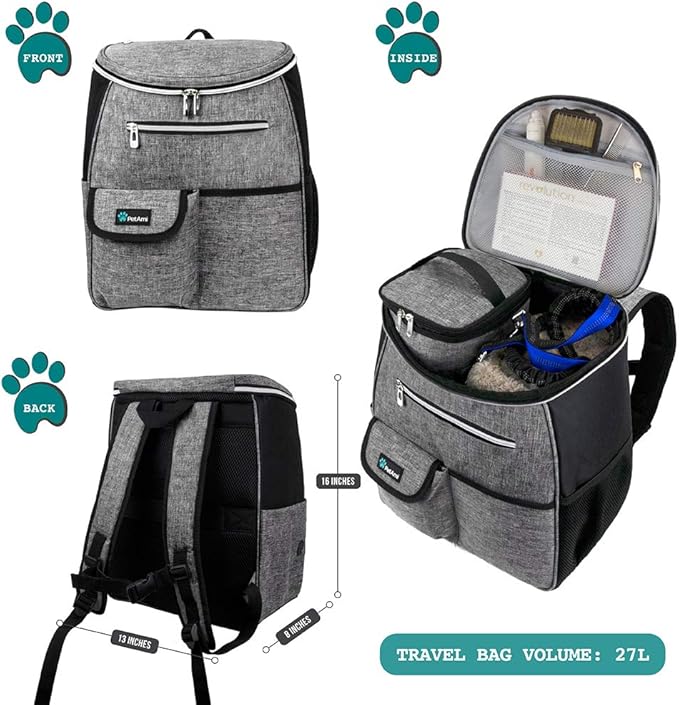 PetAmi Dog Travel Bag Backpack, Airline Approved Dog Bags for Traveling, Puppy Diaper Bag Supplies, Pet Camping Essentials Hiking Accessories Dog Mom Gift, Food Container, Collapsible Bowls, Gray-Mewly Pet