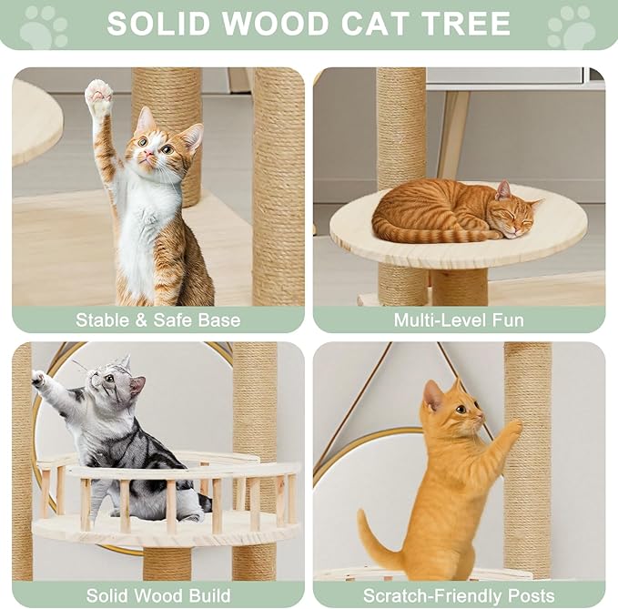Wood Cat Tree 17” x 16”x 53” Modern Sturdy Cat Tower with Double Condos Hand-Woven Beds & Toys Multilevel Huge Paws Pals Tree Indoor Cat Furniture for Big Cats-Mewly Pet