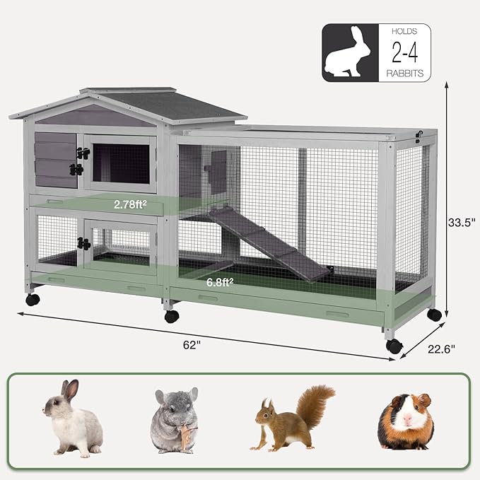 2-Story Indoor Rabbit Hutch with Chew-Proof Outdoor Rabbit Cage with 6 Locking Casters Bunny Cage 2 Pull-Out Trays Guinea Pigs Cage 62"-Mewly Pet