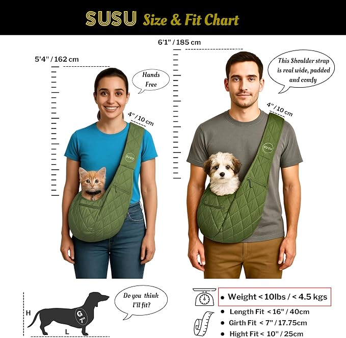 Small Dog Carrier Sling – Olive Green Hands‑Free 2‑in‑1 Sling & Handheld Carrier for Dogs up to 10 lbs, Parachute‑Grade Rip‑Stop Nylon, 4″ Padded Strap, Safety Tether & Pockets-Mewly Pet