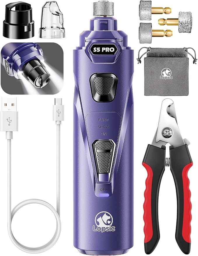 Dog Nail Grinder with 2 LED Lights Powerful 2 Speeds Super Quiet Dog Nail Trimmers with 3 Grinding Wheels Rechargeable Pet Dog Nail Clippers for Large Medium Puppy Dogs Dog Nail File Cat Nail Clipper-Mewly Pet