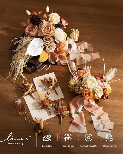 Ling's moment Artificial Flowers Fake Silk Roses Faux Foam Dahlia Combo for DIY Wedding Bouquets Centerpieces Arrangements Bridal Shower Party Home Decorations, Amber & French Orange, 24pcs