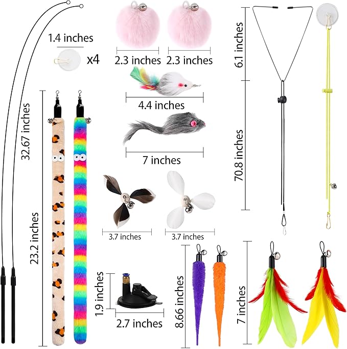 Soarer 4-in-1 Interactive Cat Feather Toys,12Pcs Durable Fishing Pole Cats Feathers Toy Replacements,Enhanced Suction Cup Cats Wand Toy,2 Types Door Hanging Cat String Toys for Indoor Kitten-Mewly Pet