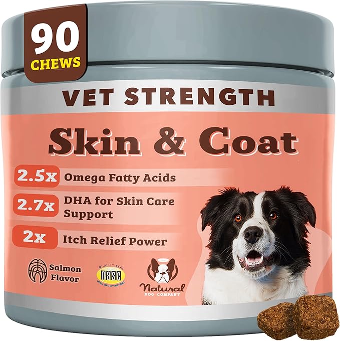 Natural Dog Company Omega Skin & Coat Chews, Vet Strength Supplement, Itchy Skin Relief, Moisture Balance & Coat Hydration, Biotin & Vitamin E, Dry Skin Care, Vet-Recommended, USA Made, 90 Ct-Mewly Pet