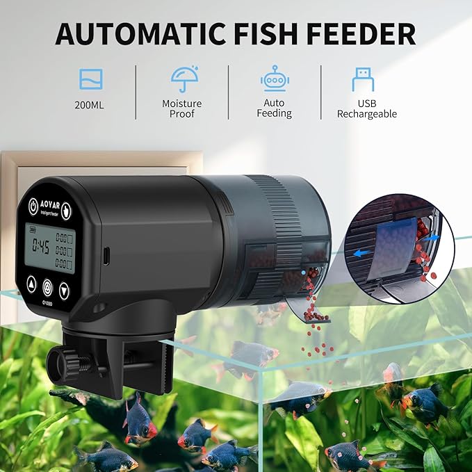 Automatic Fish Feeder Dispenser for Aquarium: Rechargeable Auto Feeders for Tank Turtle Pond Betta - 200ml Smart Food Feeding Timer Dispensers for Flake Pellet Vacation Weekend-Mewly Pet