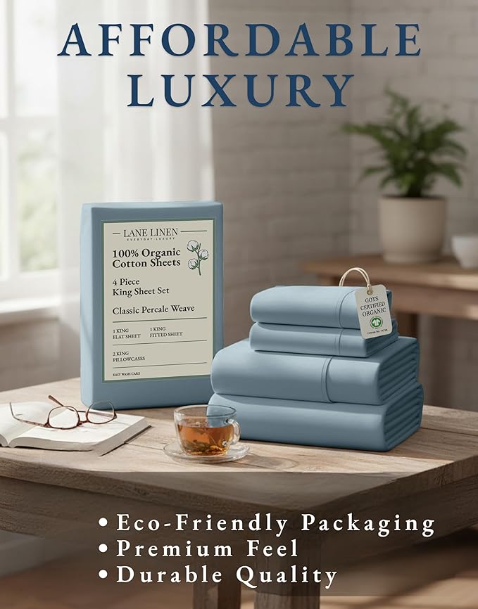 LANE LINEN 100% Organic Cotton Bed Sheets King Size, Soft & Comfy Fully Elasticized Percale Bedding Sheets & Pillowcase Set, Low Pilling Machine Washable All Season King Sheet- French Blue