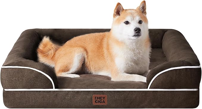EHEYCIGA Orthopedic Dog Beds for Large Dogs, Waterproof Memory Foam Large Dog Bed with Sides, Non-Slip Bottom and Egg-Crate Foam Pet Couch Bed with Washable Removable Cover, Brown-Mewly Pet