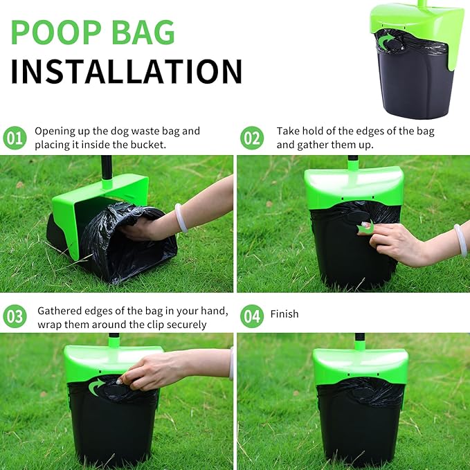 Pooper Scooper Large Swivel Bin & Rake with 160 Waste Bags,Heavy Duty Dog Pooper Scooper with Bag Attachment for Large Small Dogs, Long Handle Poop Scooper with Lid for Yard, Grass, Gravel (Green)-Mewly Pet
