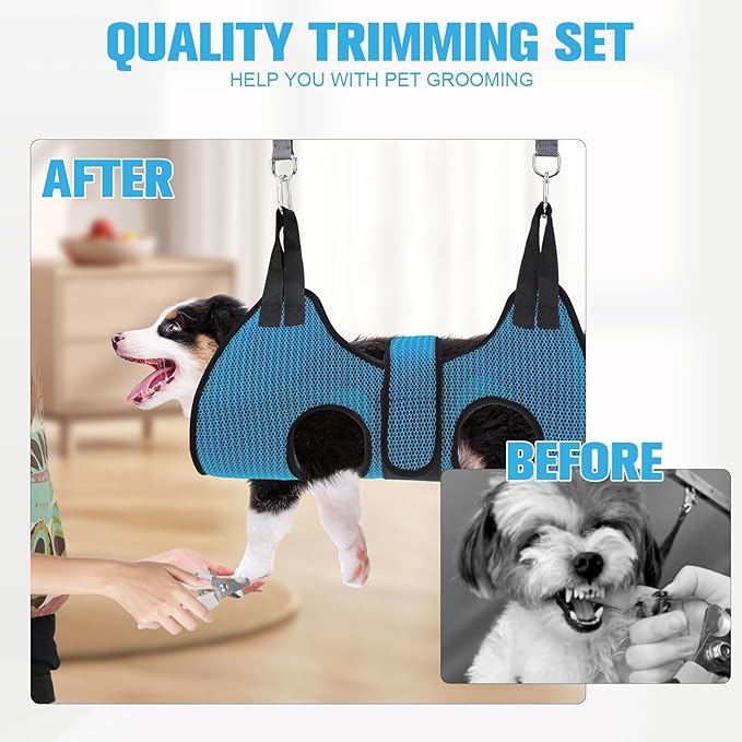 PAWCHIE Dog Grooming Hammock Harness for Dog Cat with Pet Nail Clipper Trimmer-Breathable Cat Hanger Sling for Trimming Clipping Nails-Dog Hammock Restraint Bag for Small Medium Large Dog,Dark Blue XS-Mewly Pet