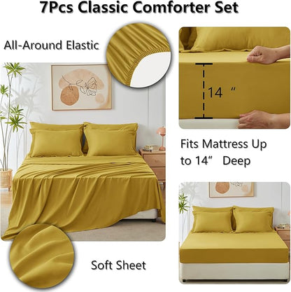 CozyLux Queen Comforter Set Mustard Yellow - Bed in a Bag Queen Size 7 Pieces, Luxury Soft Bed Set for All Seasons, Bedding Set with Down Alternative Comforter, Sheets, Pillowcases & Shams
