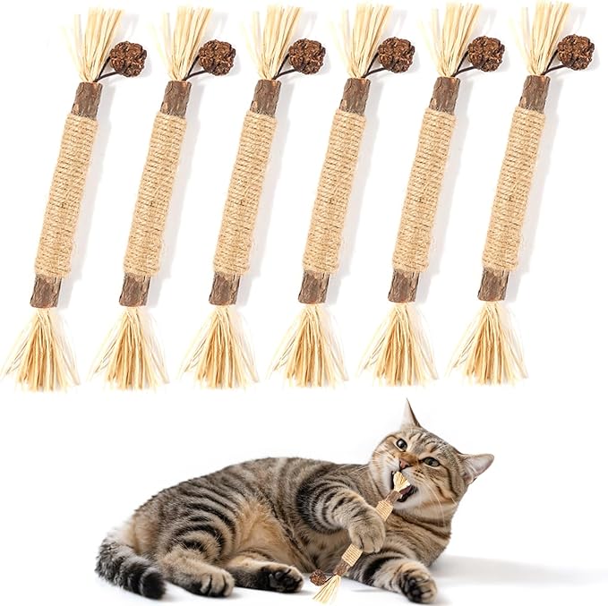 6 Pack Silvervine Cat Chew Toys, Natural Dental Sticks for Indoor Cats, Kittens Teeth Cleaning, Catnip Alternative, Interactive Play, Yellow-Mewly Pet