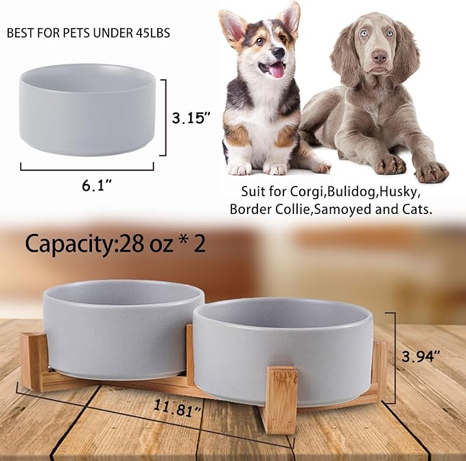 Petygooing Dog Bowls,Grey Ceramic Cat Dog Bowl Set with Wood Stand for Food and Water,Non-Slip Cute Modern Pet Dish Set for Cats and Medium Dogs (28OZ/6.1 in)-Mewly Pet