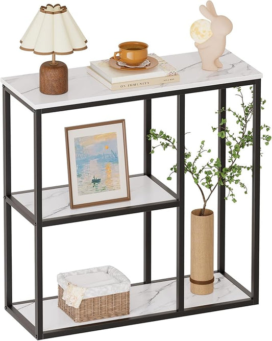 WOHOMO Console Table, 12 Inch Narrow Entryway Table for Living Room, 31.5 Inch Modern Industrial Sofa Table with 3-Tier Storage Shelves for Corridor, Hallway, White Marble