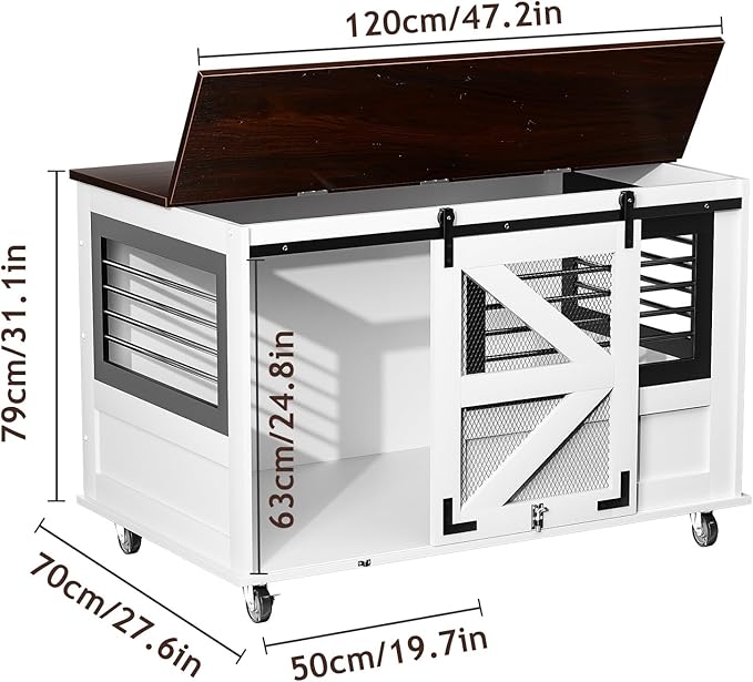 47 inch XL Dog Crate Furniture with Top-Access Teasing/Feeding Doors, Farmhouse Wooden Decorative Dog Crates with Wheels, Chew-Resistant Dog Crates End Table for Medium&Large Dogs, White-Mewly Pet
