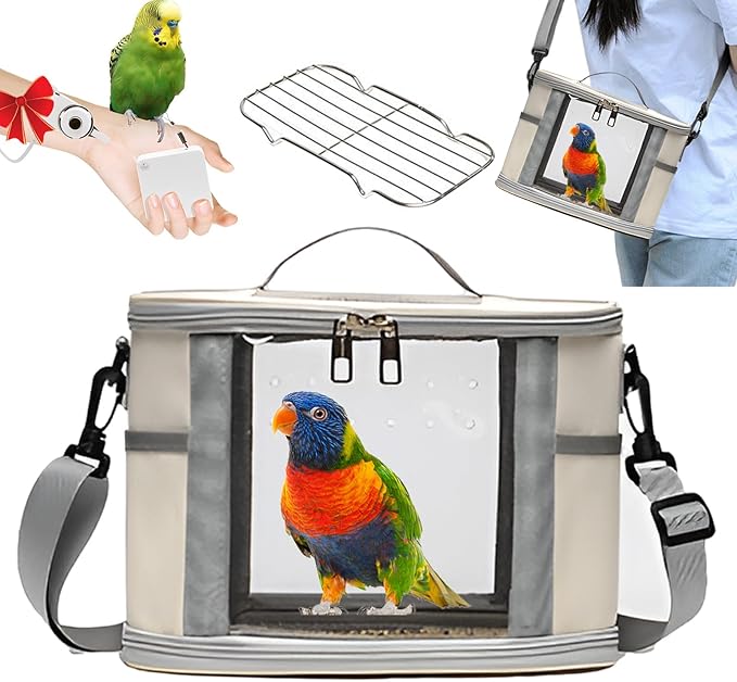 Bird Travel Carrierm, Small Bird Travel Backpack Carrier Cage with Tray and Breathable Clear Window, for Parakeet Cockatiel Budgies, for Camping Hiking (Small-White)-Mewly Pet