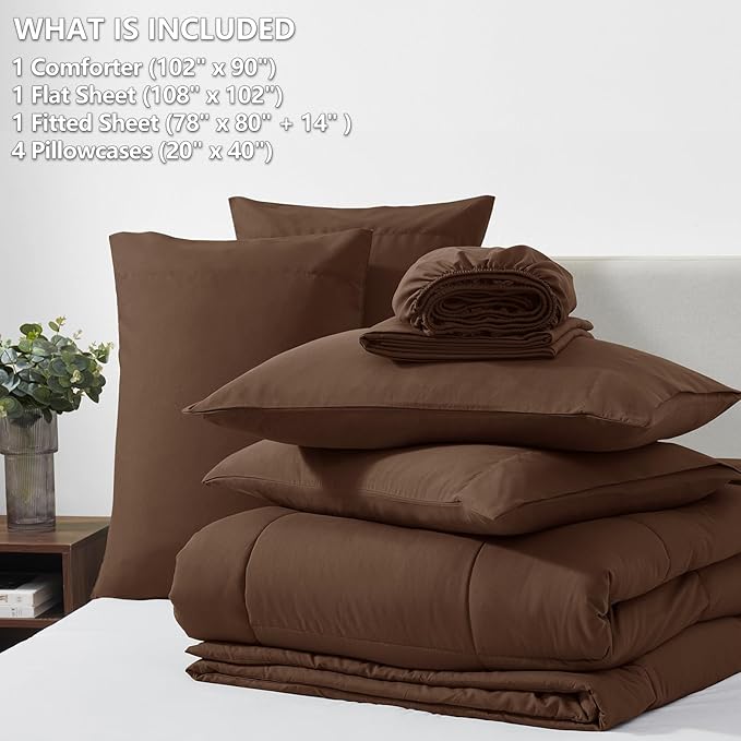 CozyLux King Size Comforter Set Brown, 7 Pieces Bed in a Bag, Brown Comforter King Size, All Season Bedding Sets with Stitch Quilted Comforter, Flat Sheet, Fitted Sheet, Pillowcases