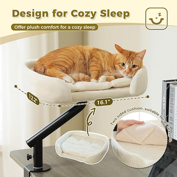 PAWZ Road Cat Desk Bed for Indoor Cats, Cat Bed for Desk Supports Up to 50 lbs, 360° Rotation & Adjustable, Nest Desktop Attachment Cats Hammock for Table, White-Mewly Pet