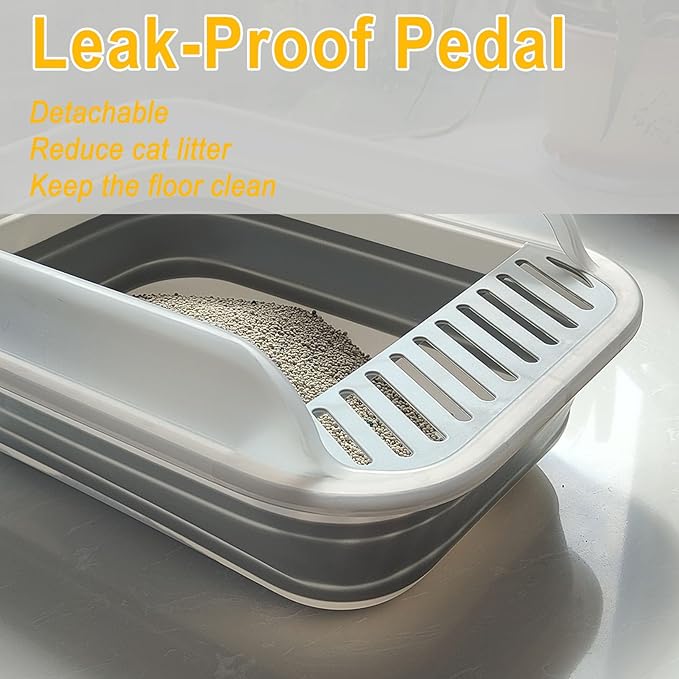 Open Cat Litter Box with High Side, 20.67 X 15.16 inch Anti-Splashing Kitty Litter Pan Collapsible Travel Litter Potty Pan Scoop Leak-Proof Pedal Cat Toilet No Smell Easy Clean (L Gray High Side)-Mewly Pet