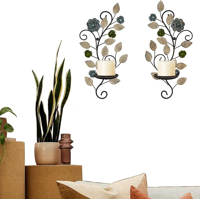 Wall Sconces Candle Holder Set of 2, Antique Multi-Color Leaf Branch Wall Mount Hanging Metal Wall Candle Holder Candle Sconce for Living Room Dining Room