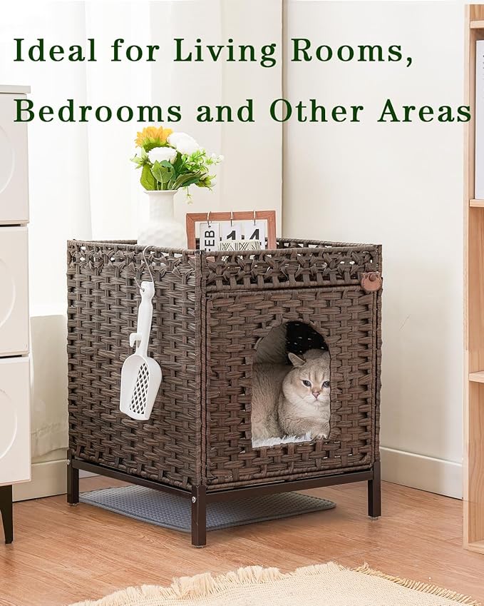 Cat Litter Box Enclosure Hidden Litter Box Furniture with Metal Heightened Feet, Rattan Handwoven Cat House with Litter Mat, Hidden Litter Box Furniture for Bedroom Living Room Brown-Mewly Pet