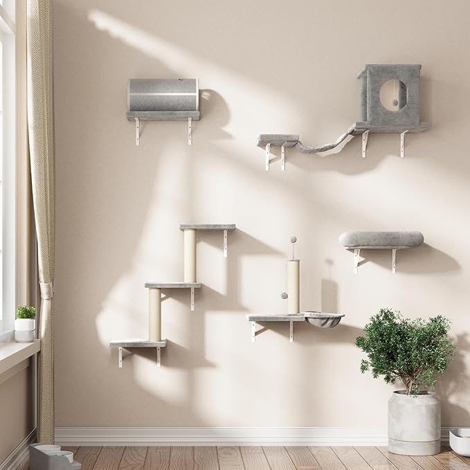 NUNU LAB Wall Mounted Cat Furniture, 7 Pcs Cat Wall Shelves with House, Tunnel, Bridge, Steps, Scratcher, Hammock, Bed, Indoor Safe & Stable Furniture for Kittens Play, Gray-Mewly Pet