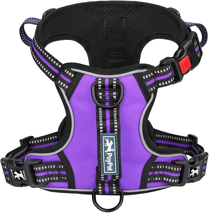 PoyPet No Pull Dog Harness, No Choke Front Clip Reflective Dog Vest with Soft Padded Vertical Handle, 3 Leash Attachments for Small Medium Large Dogs (Purple,M)-Mewly Pet