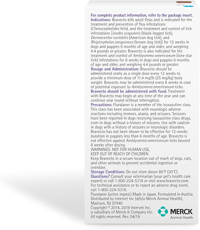 BRAVECTO Chew for Dogs, Flea & Tick, 1 Chew, 12 Week Supply, >44-88 lbs., Blue Box-Mewly Pet