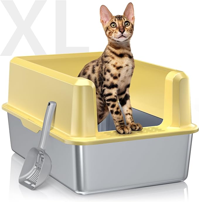 Stainless Steel Litter Box with High Side, XXL Extra Large Cat Litter Box for Big Cats & Multiple Cats, Non-Sticky, No Urine Leakage, Easy Clean Cat Litter Pan Include Scoop-Mewly Pet