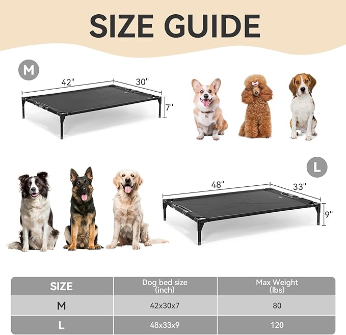 Petsfit Elevated Raised Outdoor Dog Bed - Cooling Elevated Dog Cot, Upgraded Adjustable Firmness Pet Bed，Pet Hammock Bed with Chew Proof Breathable Teslin Mesh，Non Slip, Black 42”-Mewly Pet