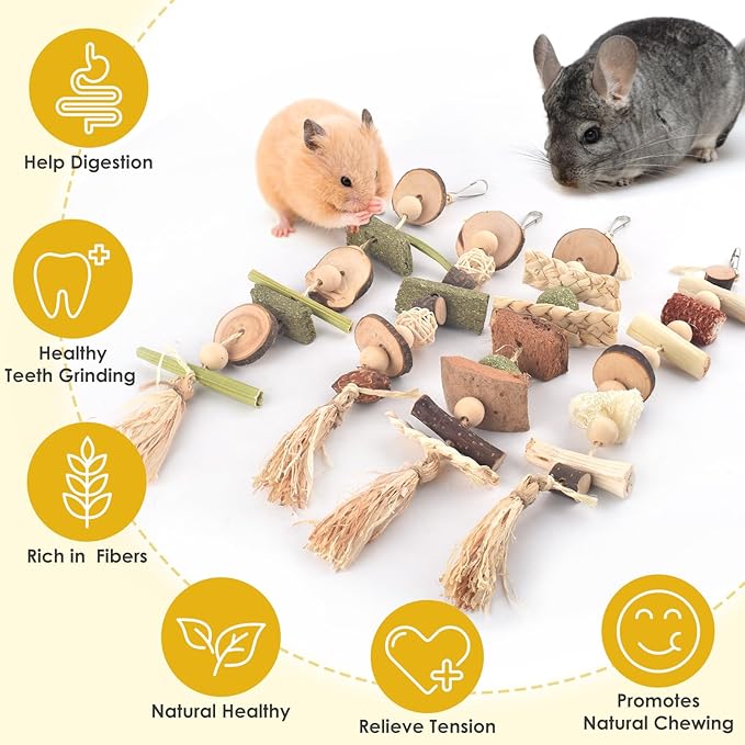 4 Pcs Bunny Chew Toys for Teeth, Hanging Rabbit Chewing Toy Treats with Timothy Grass & Natural Apple Wood, Improve Small Rodent Dental Health for Guinea Pig Hamster Chinchilla Rat Gerbil-Mewly Pet