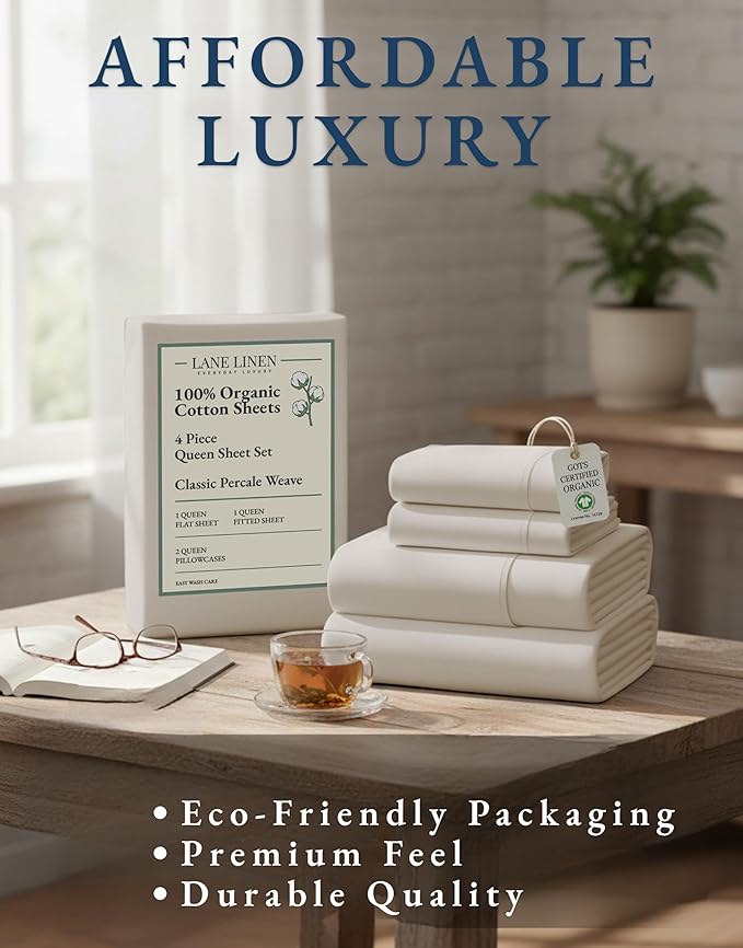 LANE LINEN 100% Organic Cotton Queen Sheet Set, 4Pc Cotton Sheets Queen Size Bed Set, Soft Percale Weave, Deep Pocket Queen Sheets, Hotel-Quality Bed Sheets Queen Size - Glacier Grey