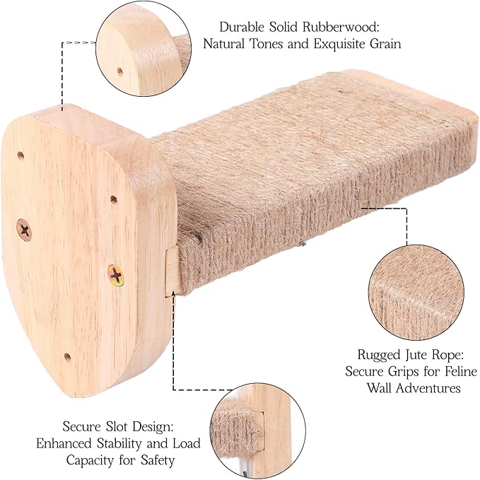3pcs Cat Wall Steps, Climbing Mounted Furniture, Shelves With Hemp Rope Covered, Solid Wood Ladder for Playing and Climbing (Standard-Wood)-Mewly Pet