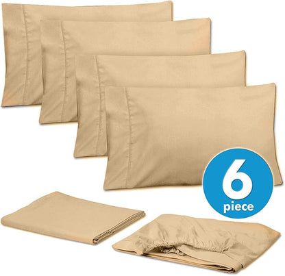 Queen Sheets Gold - 6 Piece 1500 Supreme Collection Fine Brushed Microfiber Deep Pocket Queen Sheet Set Bedding - 2 Extra Pillow Cases, Great Value, Queen, Camel
