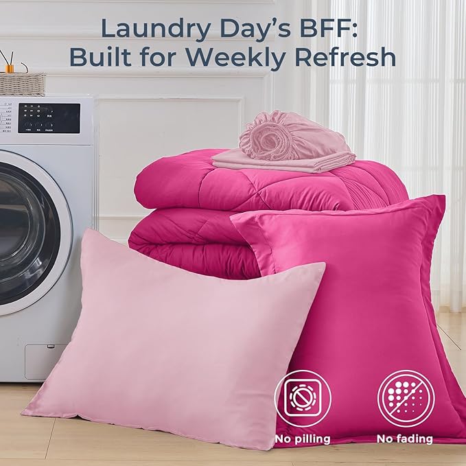 HEVUMYI Hot Pink & Baby Pink Twin Comforter Set - 5-Piece All Season Bed in a Bag Twin, Ultra Soft Bedding Set with Comforter, Flat Sheet, Fitted Sheet, Pillowcases, Pillow Shams