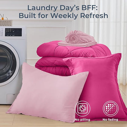 HEVUMYI Hot Pink & Baby Pink Twin Comforter Set - 5-Piece All Season Bed in a Bag Twin, Ultra Soft Bedding Set with Comforter, Flat Sheet, Fitted Sheet, Pillowcases, Pillow Shams