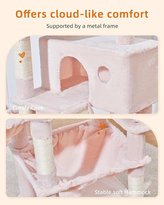 Taoqimiao Cat Tree 57.5-Inch, Cat Tower for Indoor Cats Large Adult, Extra Large Cat Condo, 8 Sisal Scratching Posts, Metal Frame Cozy Hammock, Durable Scratch Board, 2 Top Perches, Jelly Pink MS026P-Mewly Pet