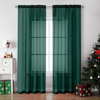 OVZME Hunter Green Sheer Curtains 84 Inches Long 2 Panels - Soft Light Filtering Window Sheer Panels for Living Room/Bedroom, Top Dual Rod Pocket, 1 Pair, Each 42Wx84L Inches