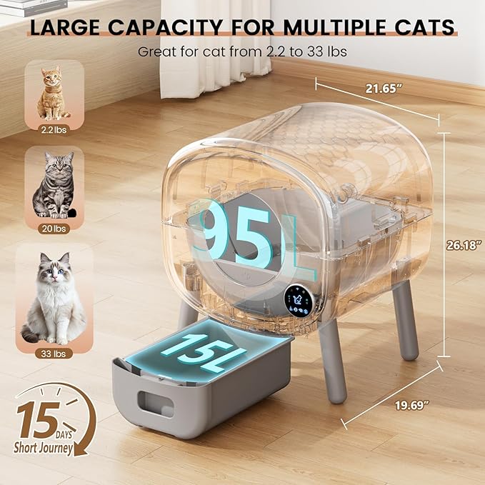 Self Cleaning Litter Box,Large Capacity Automatic Cat Litter Box Self Cleaning for Multiple Cats with App Control and Safety Protection,2 Roll Litter Bags,White-Mewly Pet
